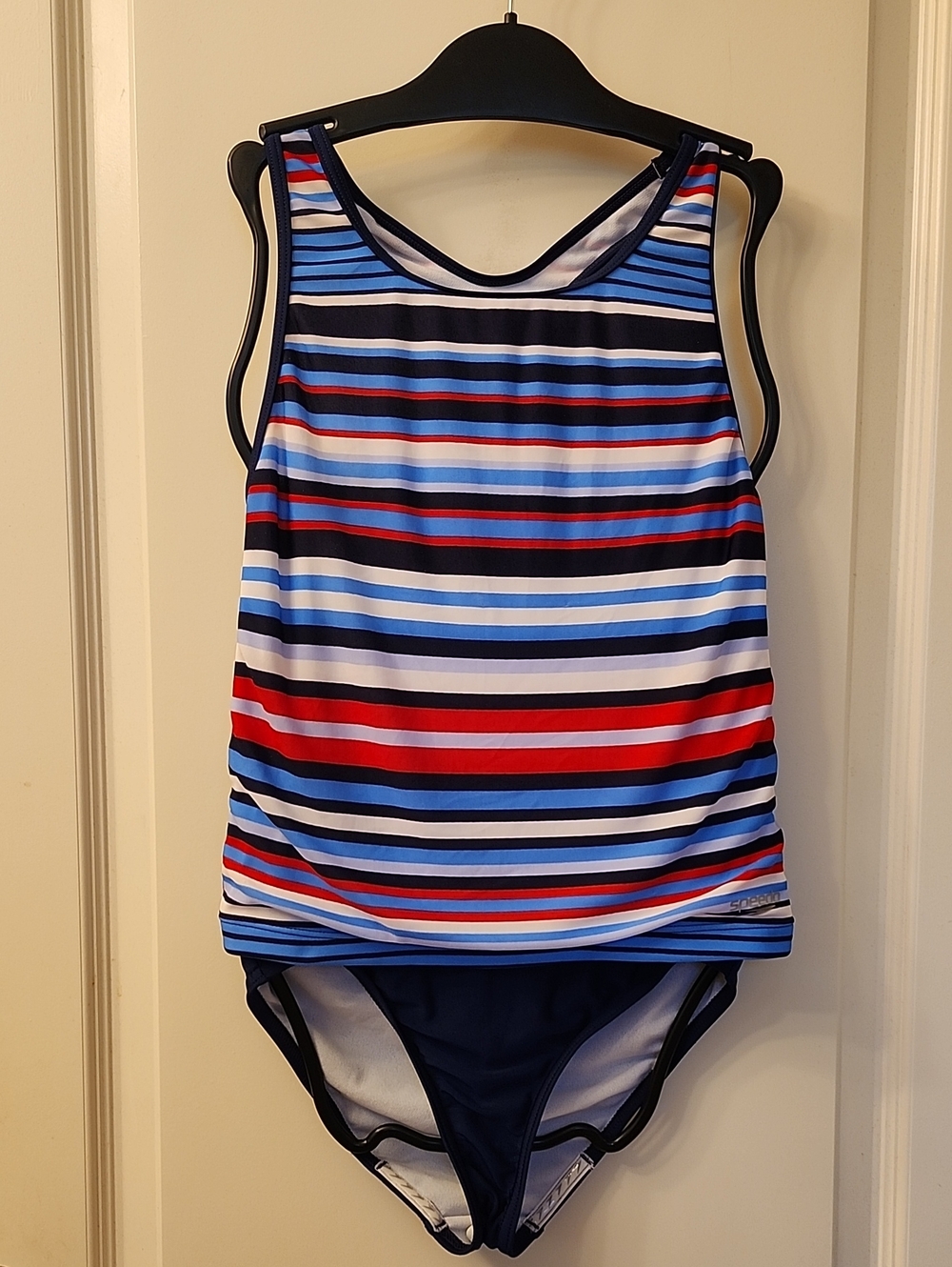 Speedo Girls' Striped Tankini Two-Piece in Navy, Red, White, Sizes 10 & 12
